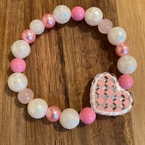 Handmade Pink and White Beaded Heart Bracelet